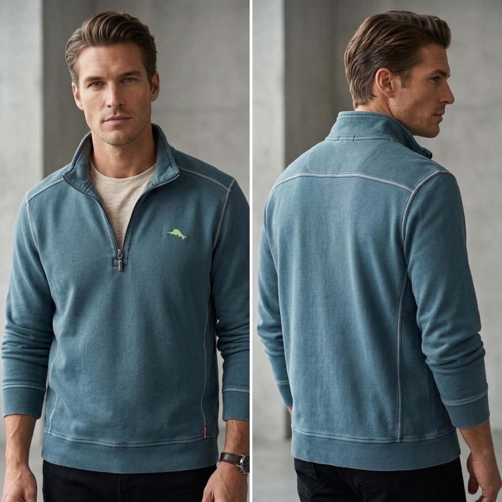 Tommy Bahama Relax Mens XL Blue Green 1/4 Zip Pullover Ribbed Sweatshirt TR21966
